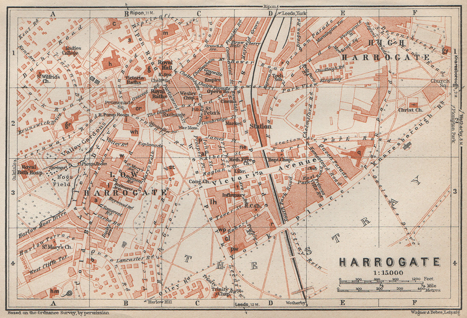HARROGATE antique town city map plan. Yorkshire. BAEDEKER 1927 old
